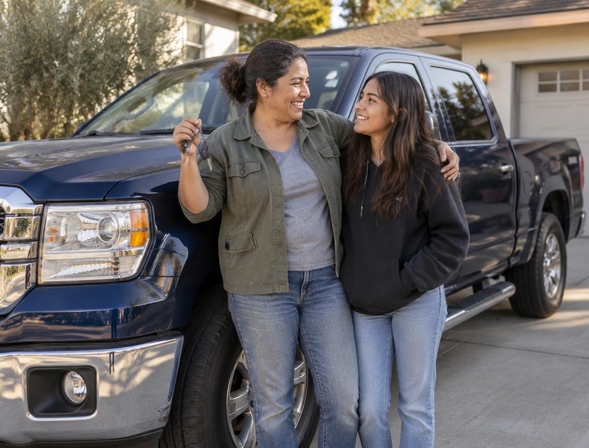 A woman and her daughter sharing a moment beside a pickup truck