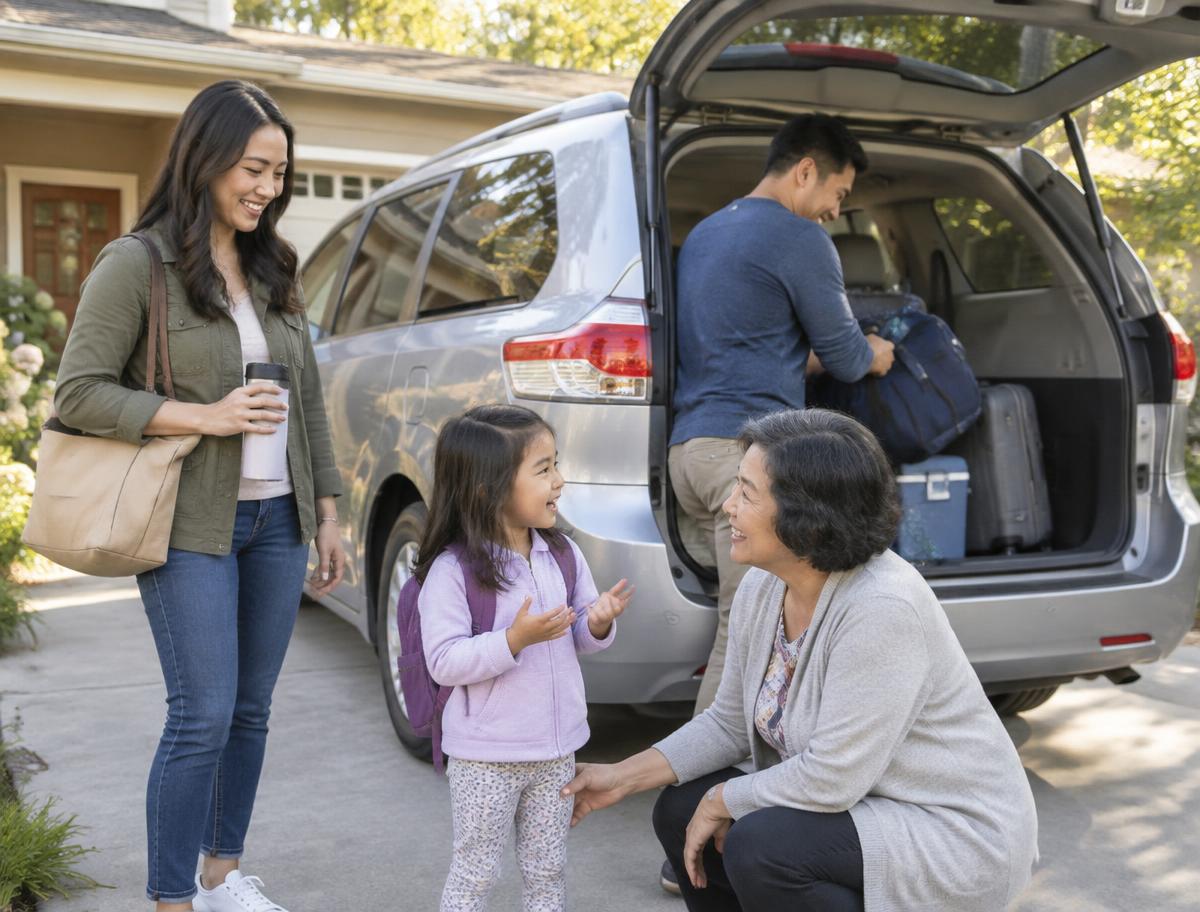 A multigenerational family preparing for a trip with their minivan